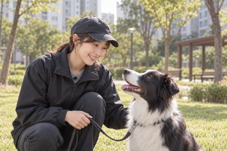 공원 잔디에 쪼그려 앉아 보더콜리와 눈을 맞추며 웃는 펫시터